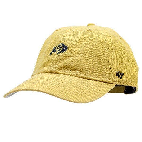 Vegas gold '47 Brand hat with a black and gold embroidered CU Buffalo logo on the front and a black '47 logo stitched on the left side.